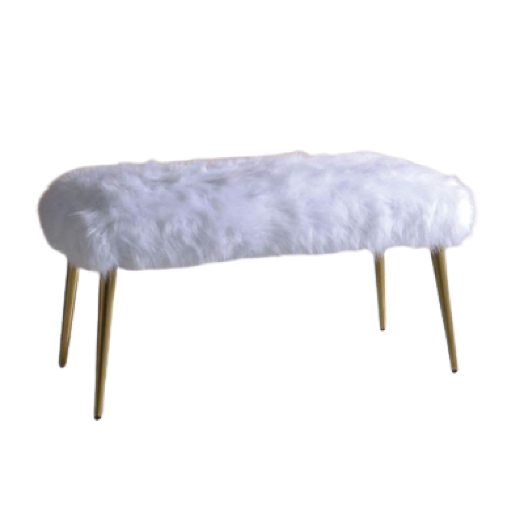 White Faux Fur and Gold Metal Bench