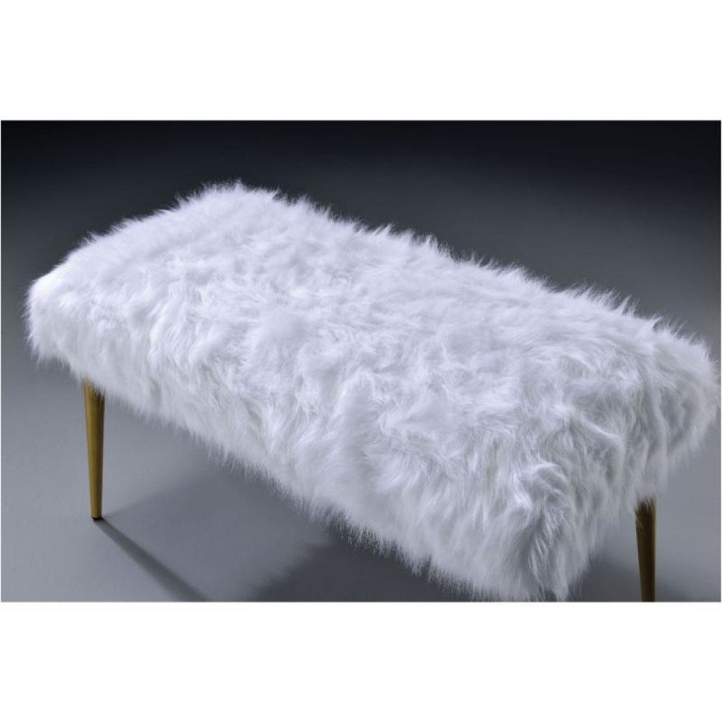White Faux Fur and Gold Metal Bench