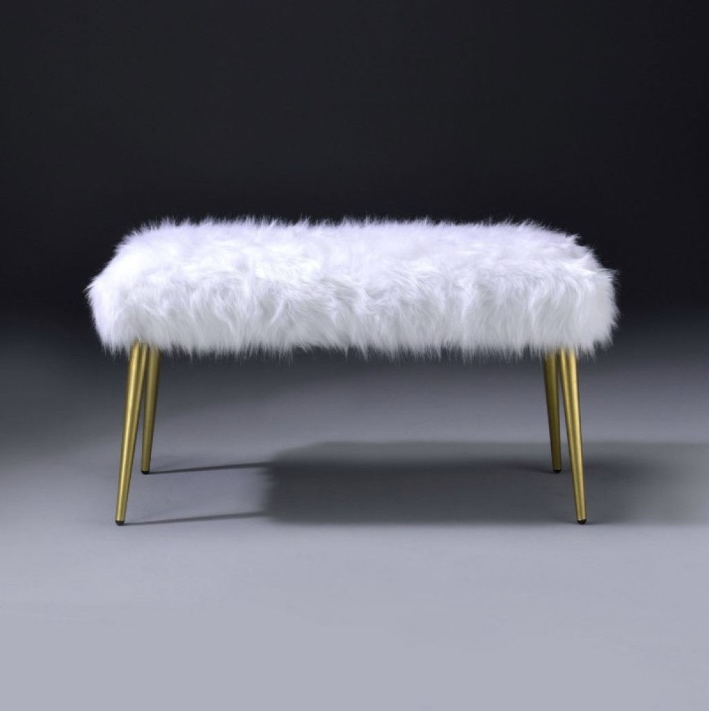 White Faux Fur and Gold Metal Bench