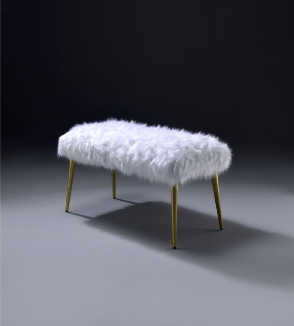 White Faux Fur and Gold Metal Bench