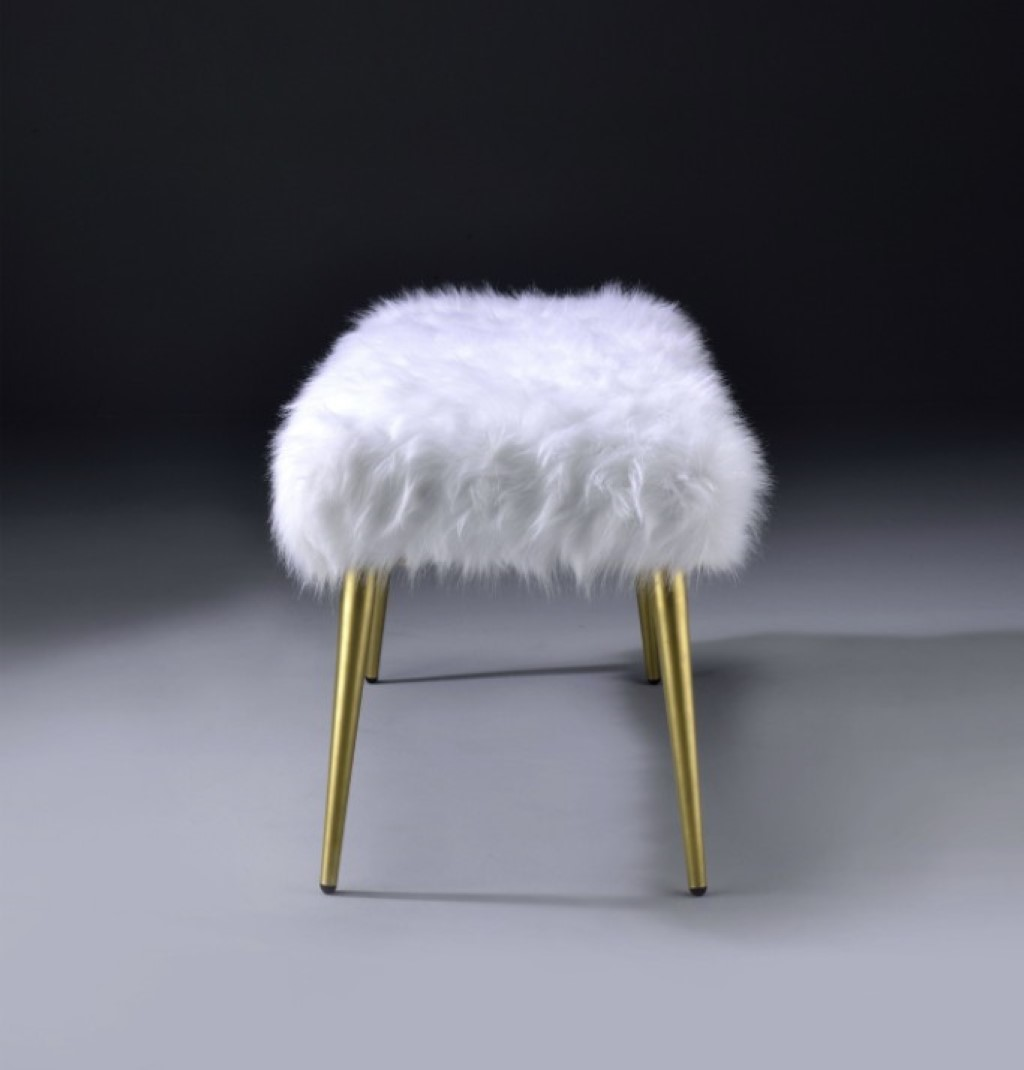 White Faux Fur and Gold Metal Bench