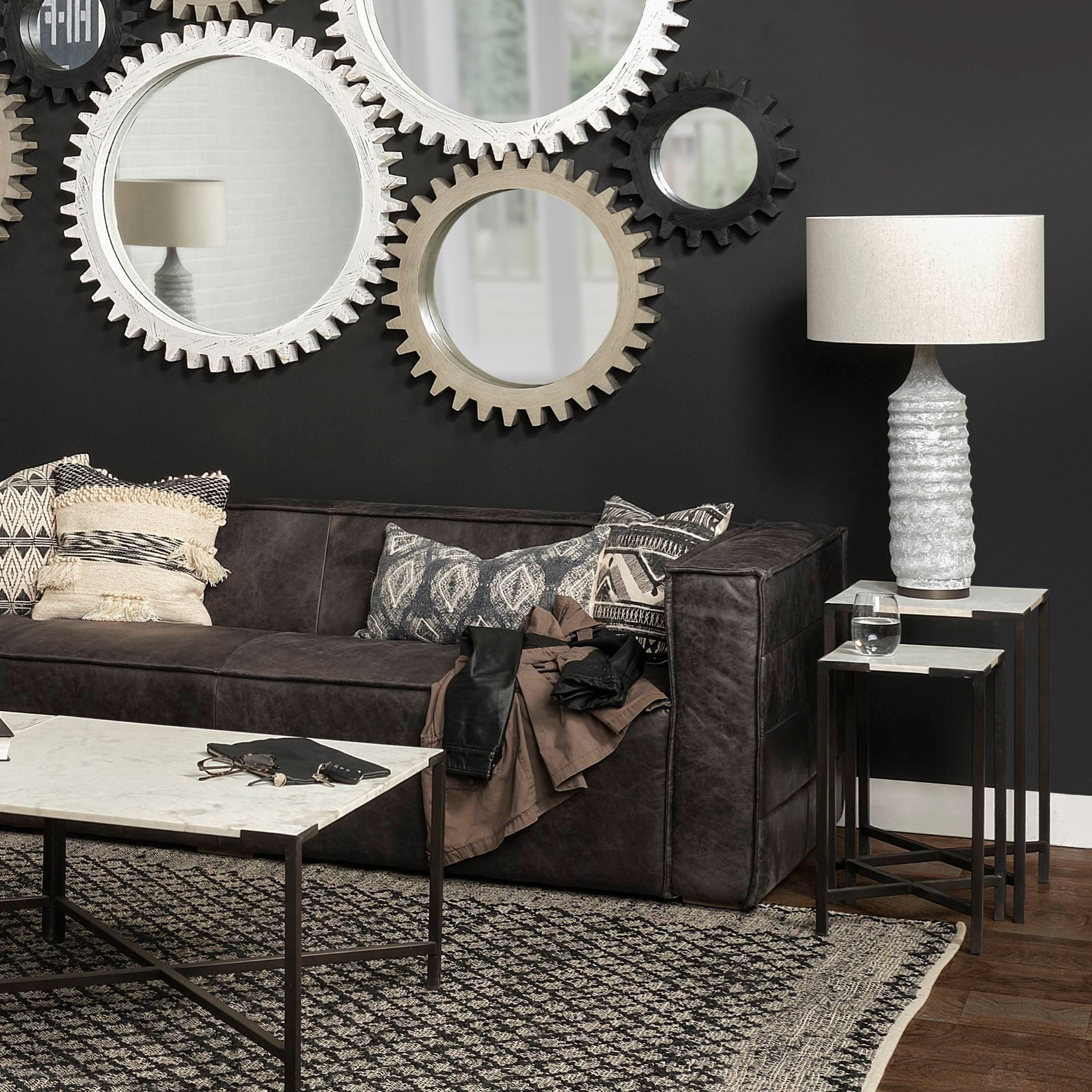 White Marble Square Top Accent Tables with Black Iron Frame