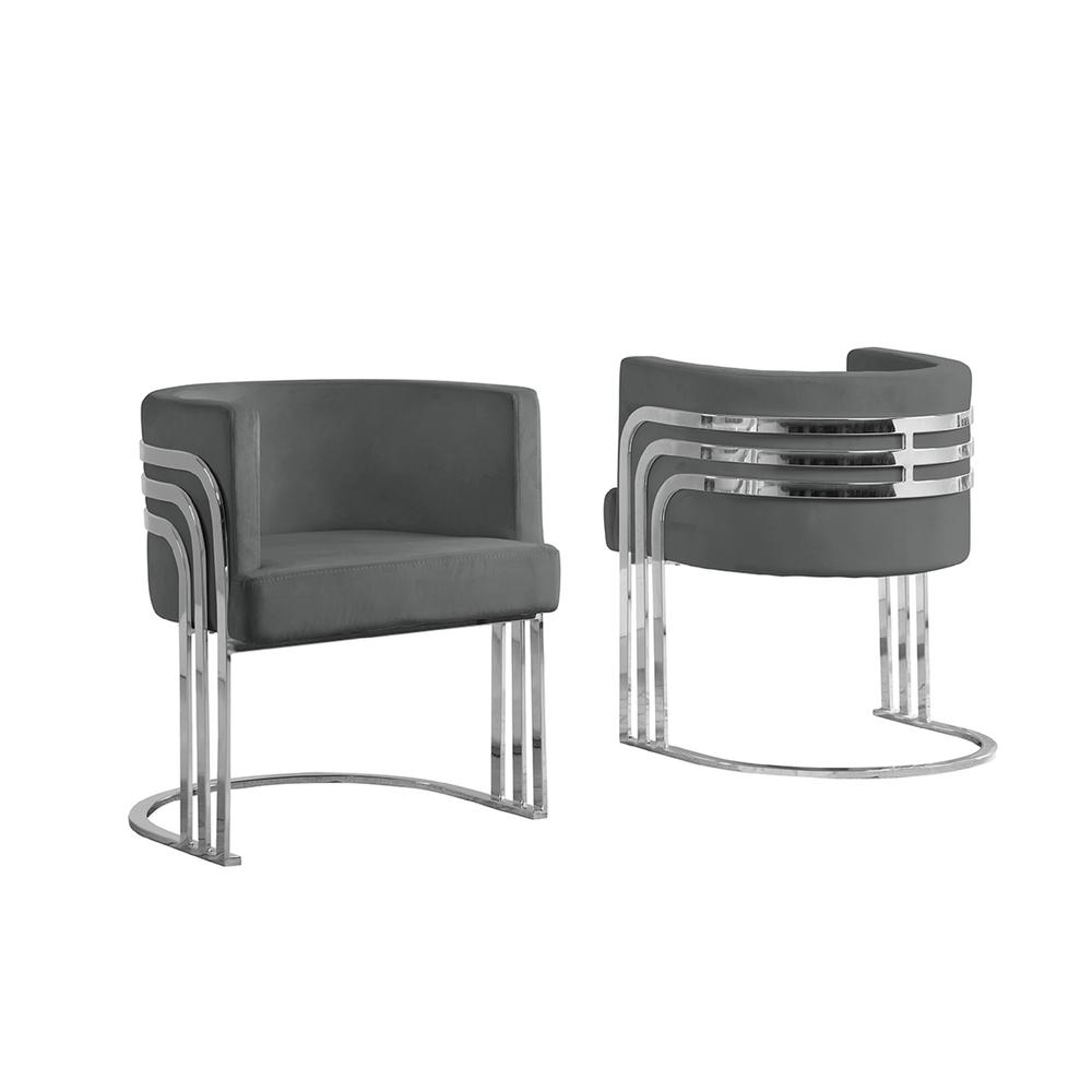 Arched Elegance Dark Gray Velvet Barrel Accent Chair with Silver Base