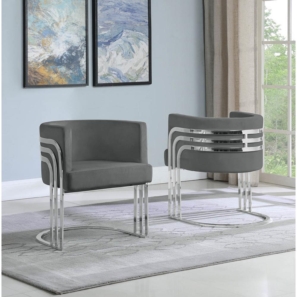 Arched Elegance Dark Gray Velvet Barrel Accent Chair with Silver Base