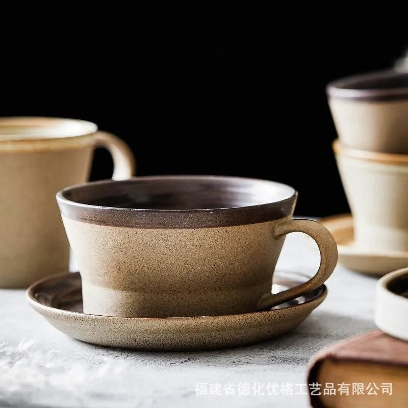 Retro Pottery Coffee Cup Set Creative Handmade Ceramic Cups With Dish Milk Water Mug Breakfast Mugs Home Tableware Wholesale