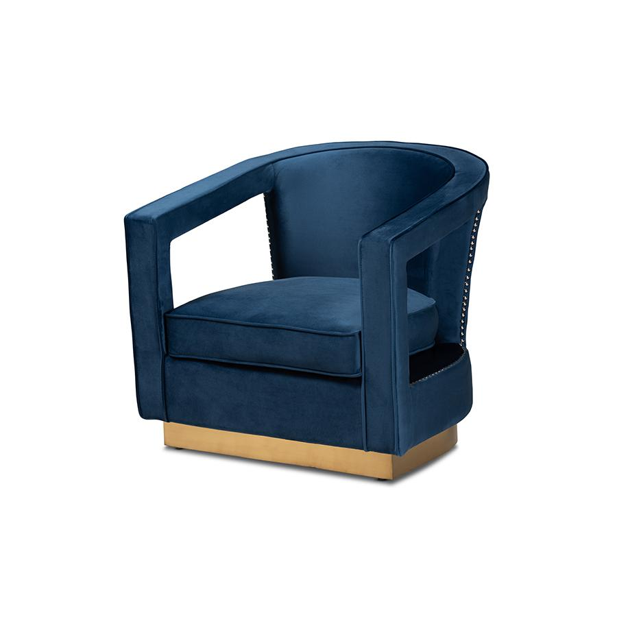 Neville Modern Navy-Blue Velvet and Gold Finished Metal Armchair