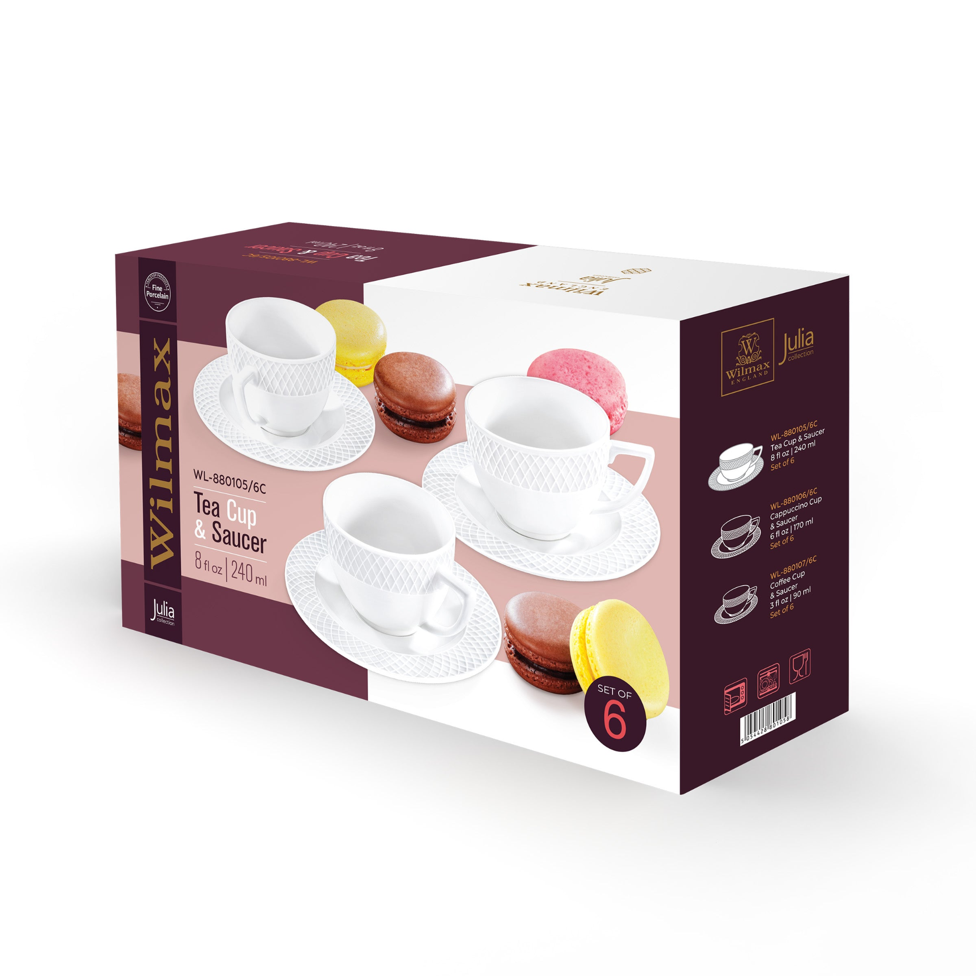 White 8 Oz Tea Cup & 6" Saucer Set Of 6 In Gift Box