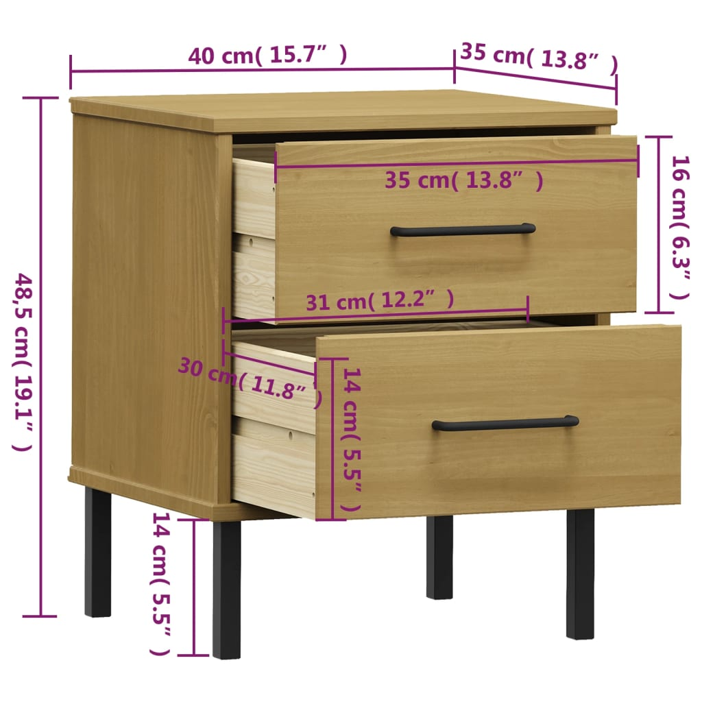 vidaXL Bedside Cabinet with Metal Legs Brown Solid Wood Pine OSLO