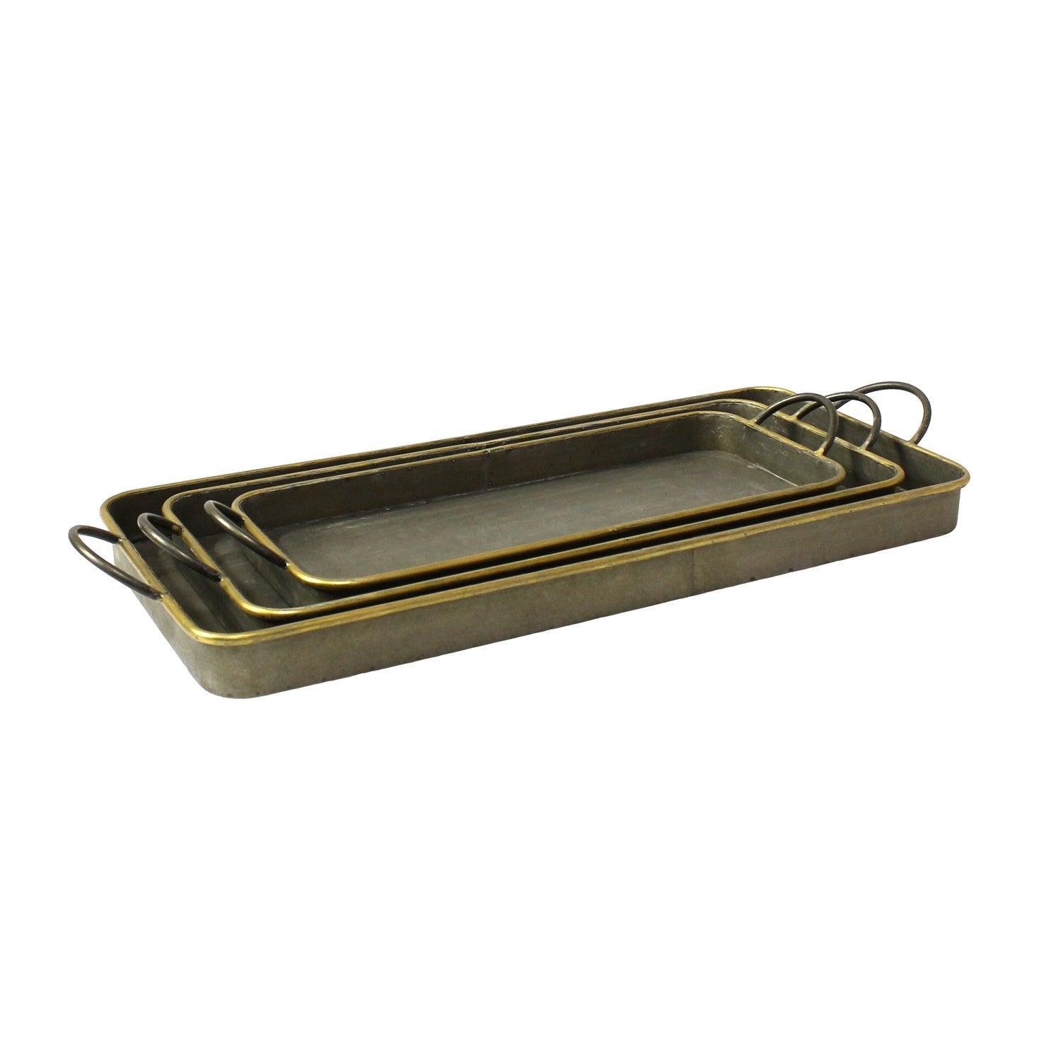 Set of 3 Nesting Galvanized Metal and Gold Serving Trays-0