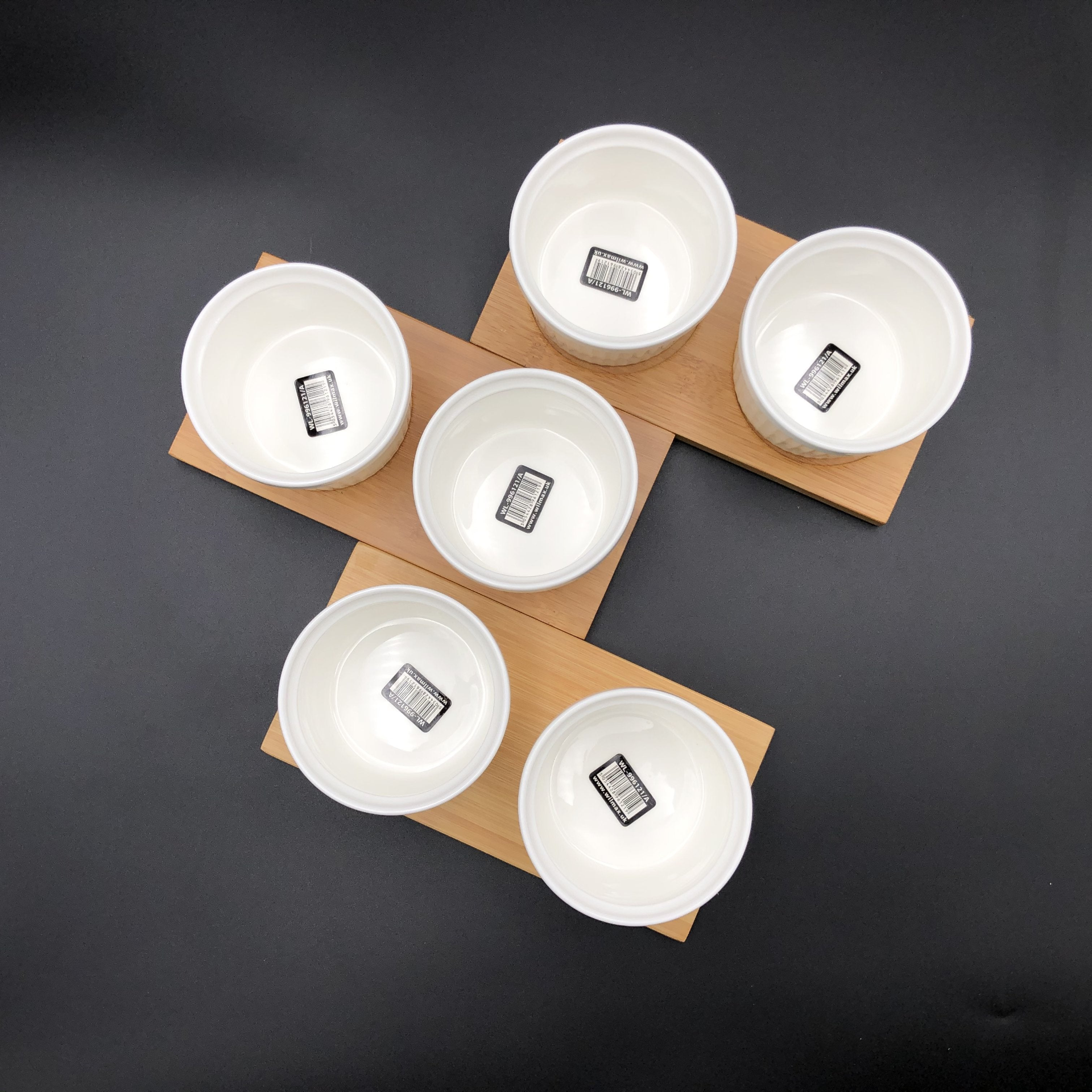WILMAX Bamboo Double Trays (Set of 3) w/ 6 Fine Porcelain Ramekins