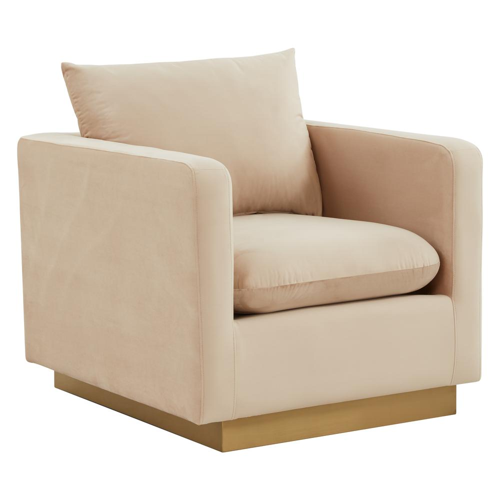 LeisureMod Nervo Velvet Accent Armchair With Gold Frame, Beige