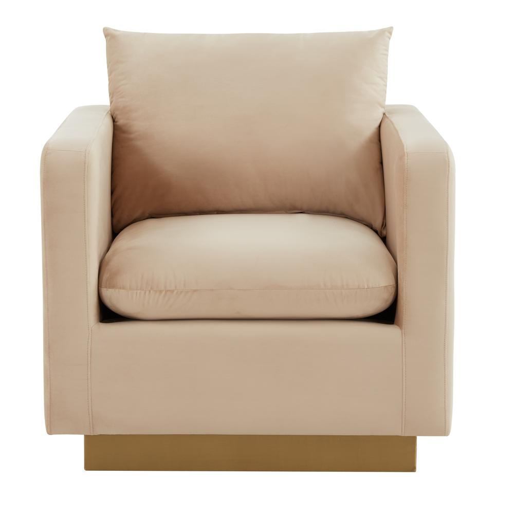 LeisureMod Nervo Velvet Accent Armchair With Gold Frame, Beige