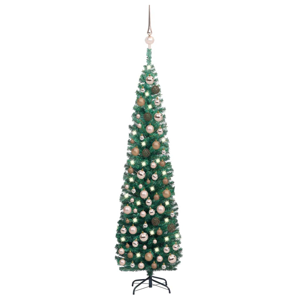 Slim Artificial Pre-lit Christmas 70.9" Tree with Rose Gold Ball Set