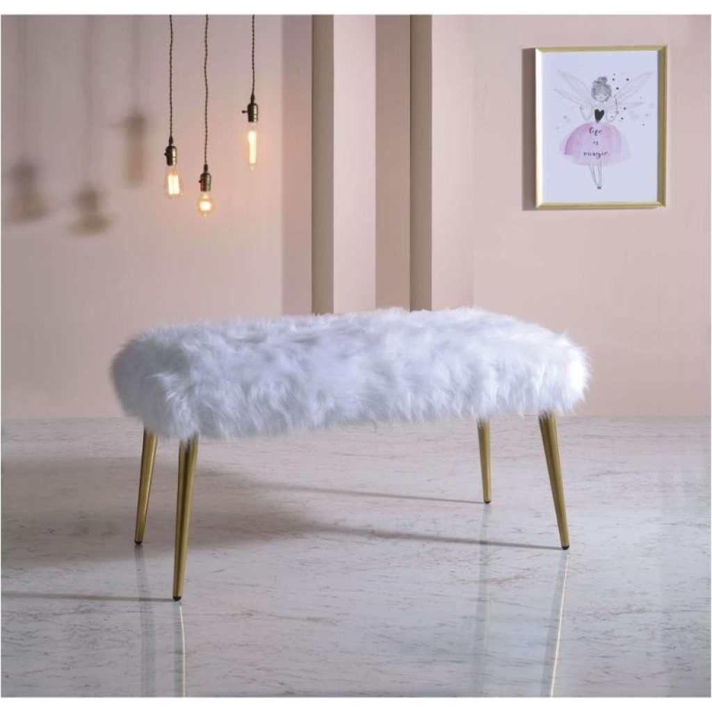 White Faux Fur and Gold Metal Bench