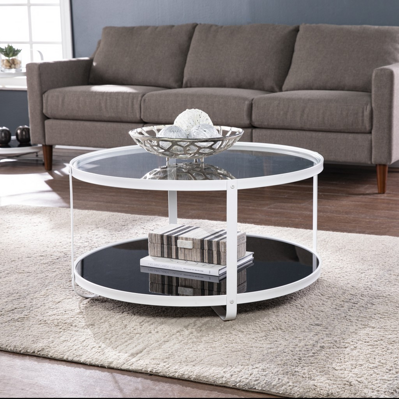 White Glass and Metal Two Tier Round Coffee Table