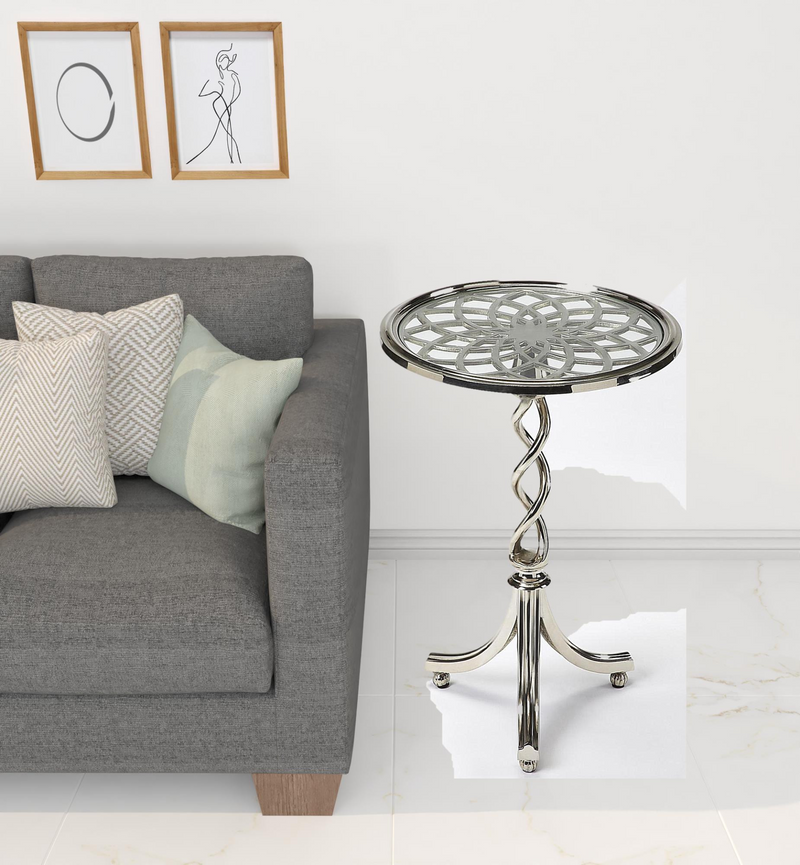 Silver Aluminum Open Lattice Round Top End Table