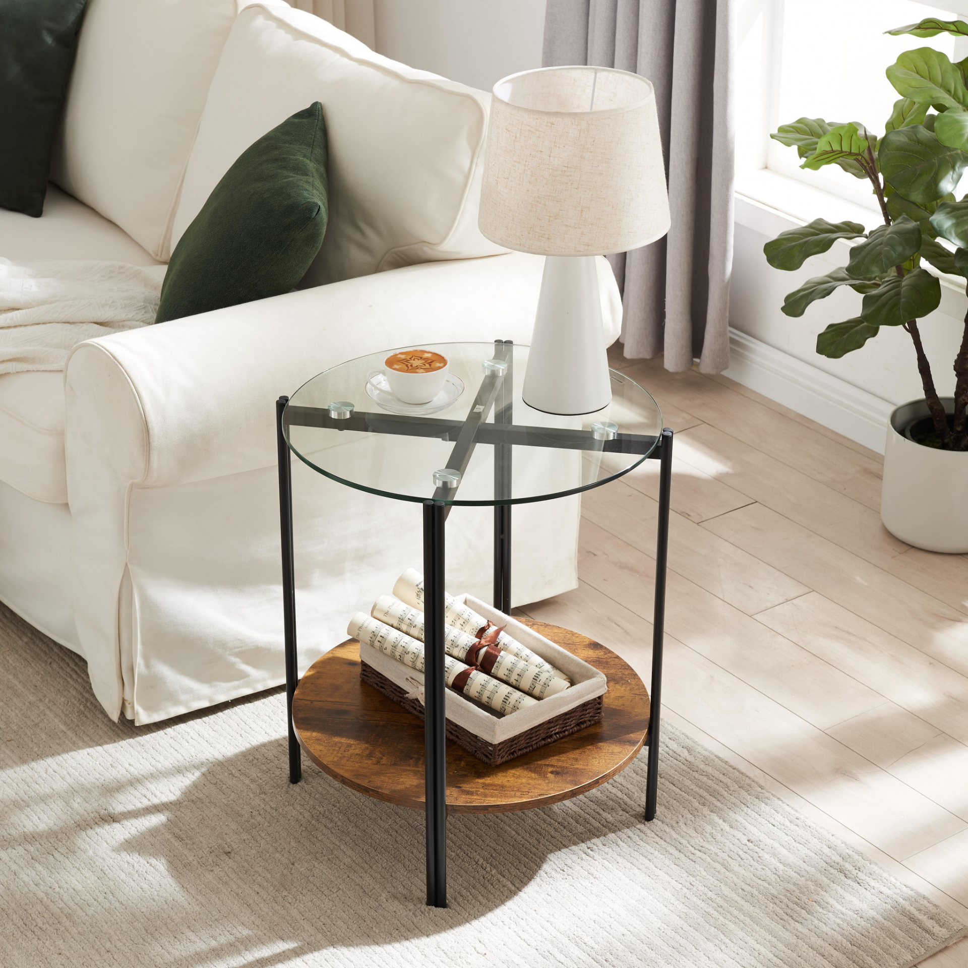 Glass Metal and Rustic Brown Two Tier End Table