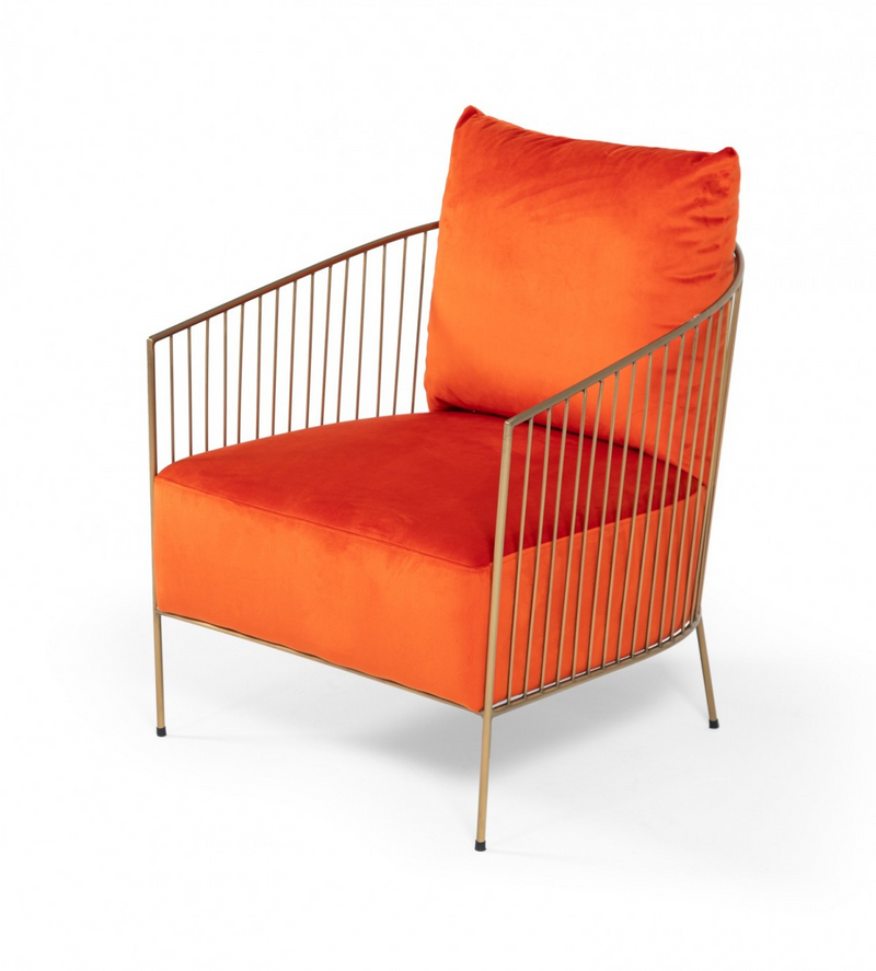 Poppy Semi-Cage Orange Velvet and Gold Leg Armchair