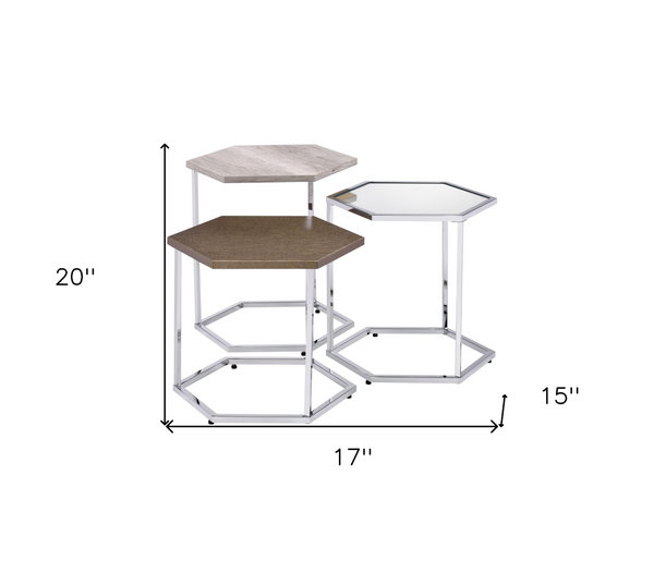 Geo Nest Chrome and Taupe Hexagon Coffee Tables