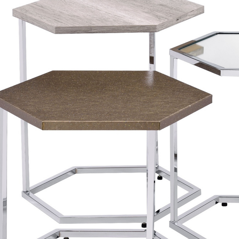 Geo Nest Chrome and Taupe Hexagon Coffee Tables