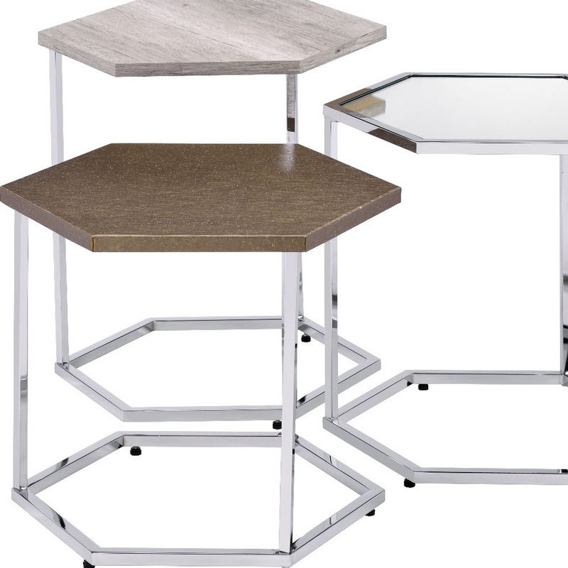 Geo Nest Chrome and Taupe Hexagon Coffee Tables
