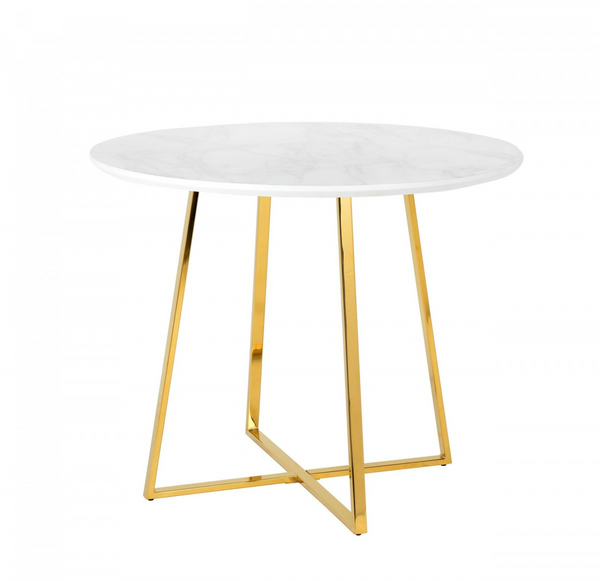 White Faux Marble and Gold Round Dining Table