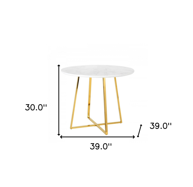 White Faux Marble and Gold Round Dining Table