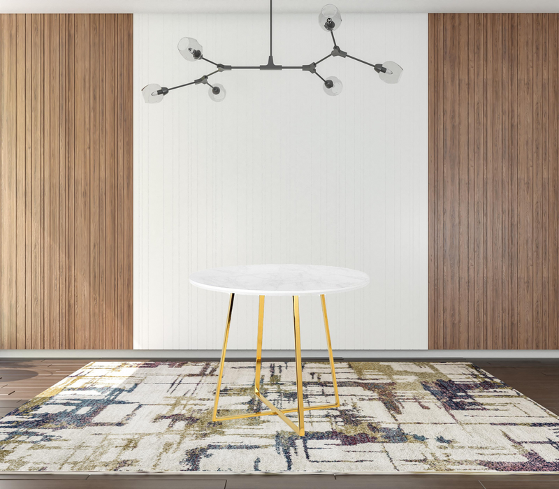 White Faux Marble and Gold Round Dining Table