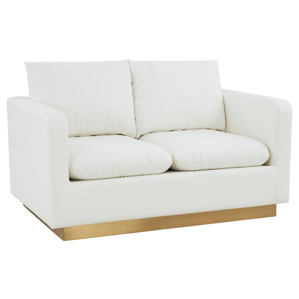 LeisureMod Nervo Modern Mid-Century Upholstered Leather Loveseat with Gold Frame, White