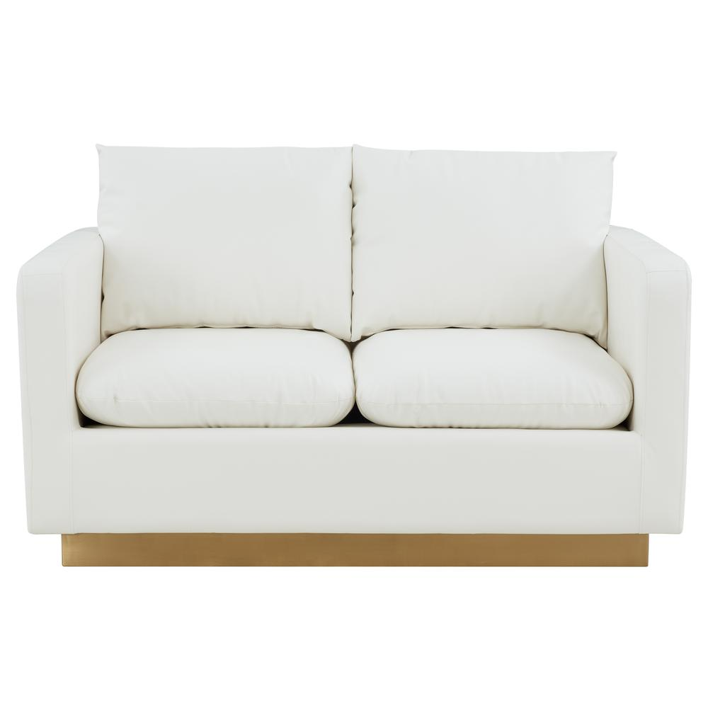 LeisureMod Nervo Modern Mid-Century Upholstered Leather Loveseat with Gold Frame, White