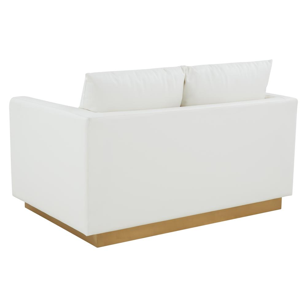 LeisureMod Nervo Modern Mid-Century Upholstered Leather Loveseat with Gold Frame, White