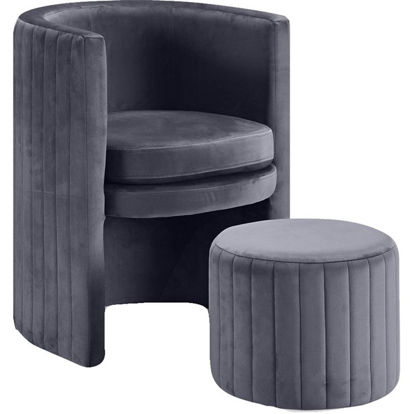 Seager Gray Velvet Round Accent Chair with Ottoman