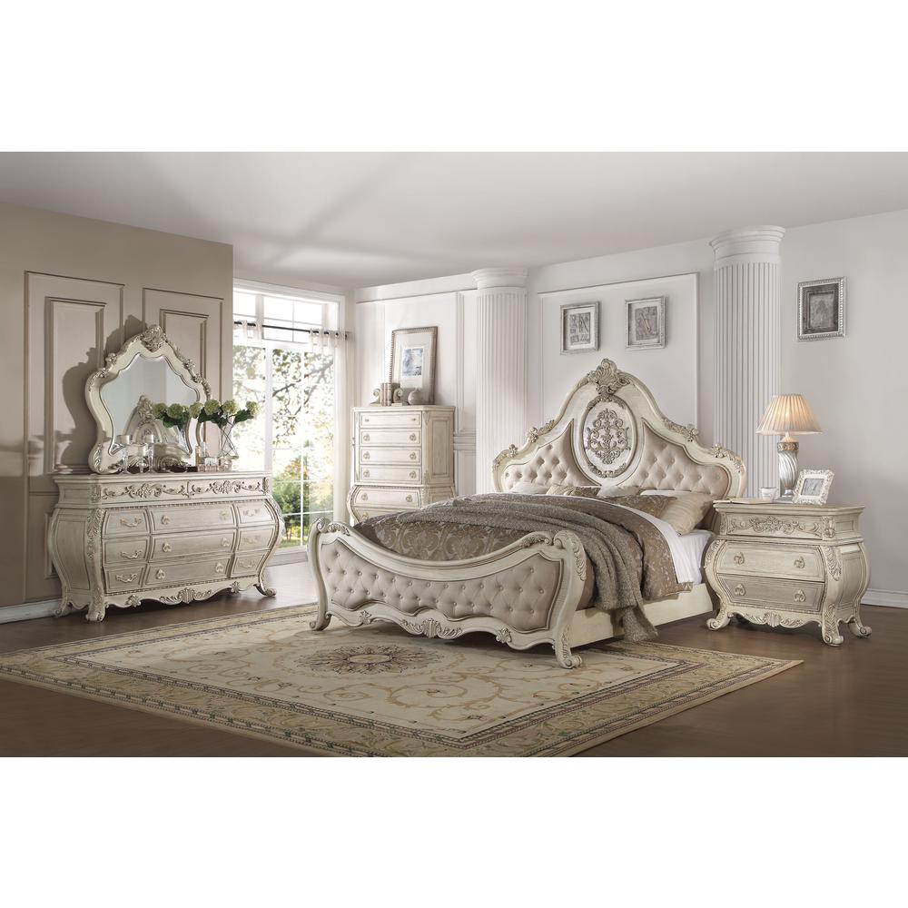 Everleigh Vintage King Bed in Beige Linen & Antique White