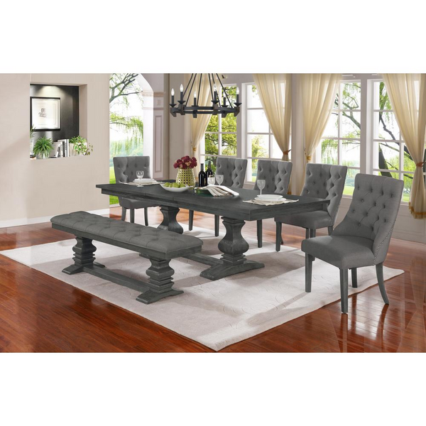 Classic Dining Bench w/Tufted Cussing in Linen Fabric, Gray
