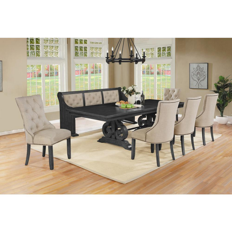 D88 Dark Gray Wood Dining Bench in Beige Linen