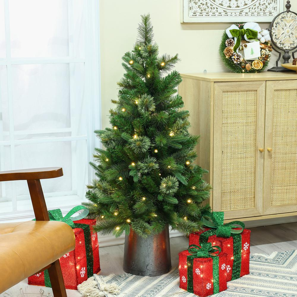 Pre-Lit Artificial 4ft Christmas Pine Tree with Metal Pot