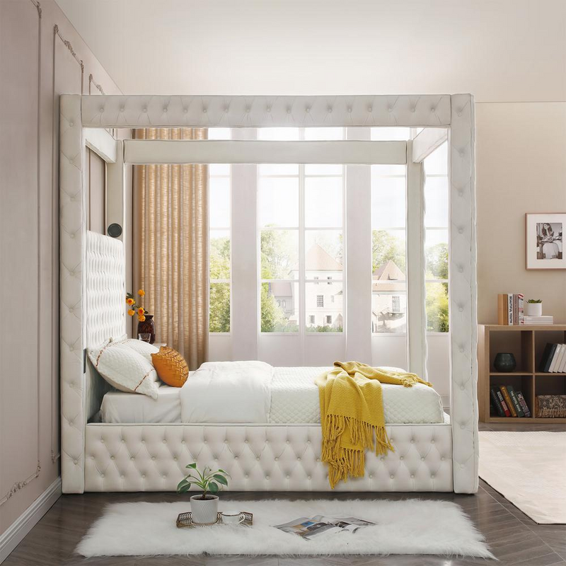 Cream Dream TechLuxe King Canopy Bed with Speaker & USB Connection
