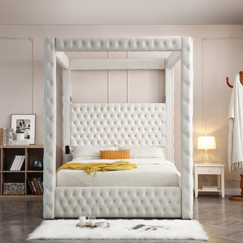 Cream Dream TechLuxe King Canopy Bed with Speaker & USB Connection
