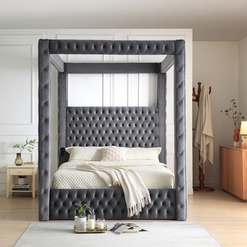 Grey Dream TechLuxe Queen Canopy Bed with Speaker & USB Connection