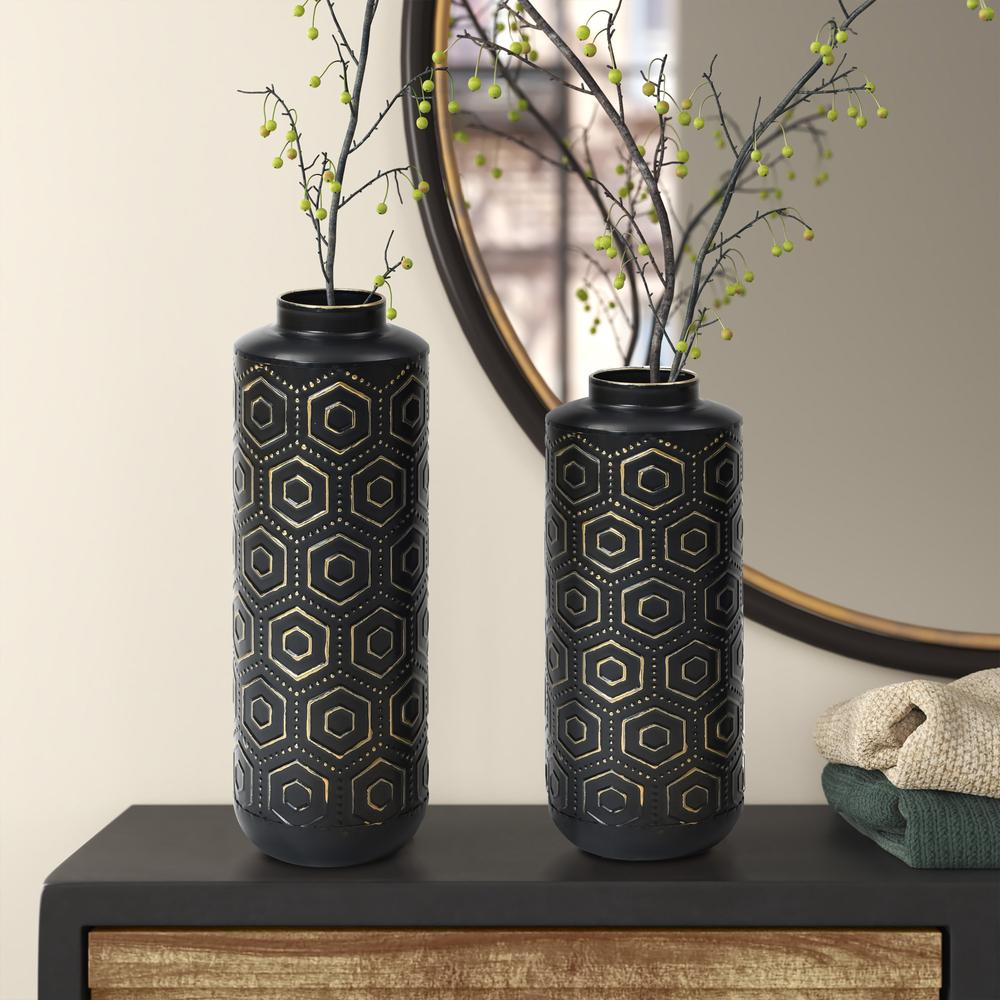 Set of 2 Black and Gold Metal Bottle Vases