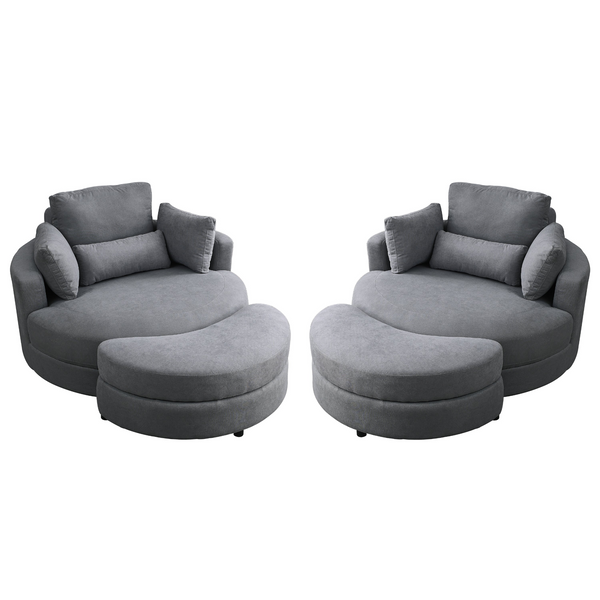Spin & Stow Grey Linen Barrel Swivel Chair with Storage Ottoman (Set of 2)