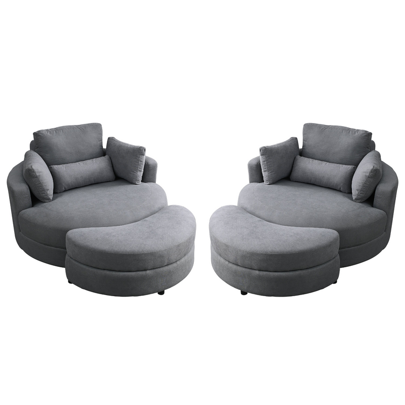 Spin & Stow Grey Linen Barrel Swivel Chair with Storage Ottoman (Set of 2)