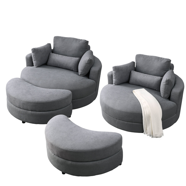 Spin & Stow Grey Linen Barrel Swivel Chair with Storage Ottoman (Set of 2)