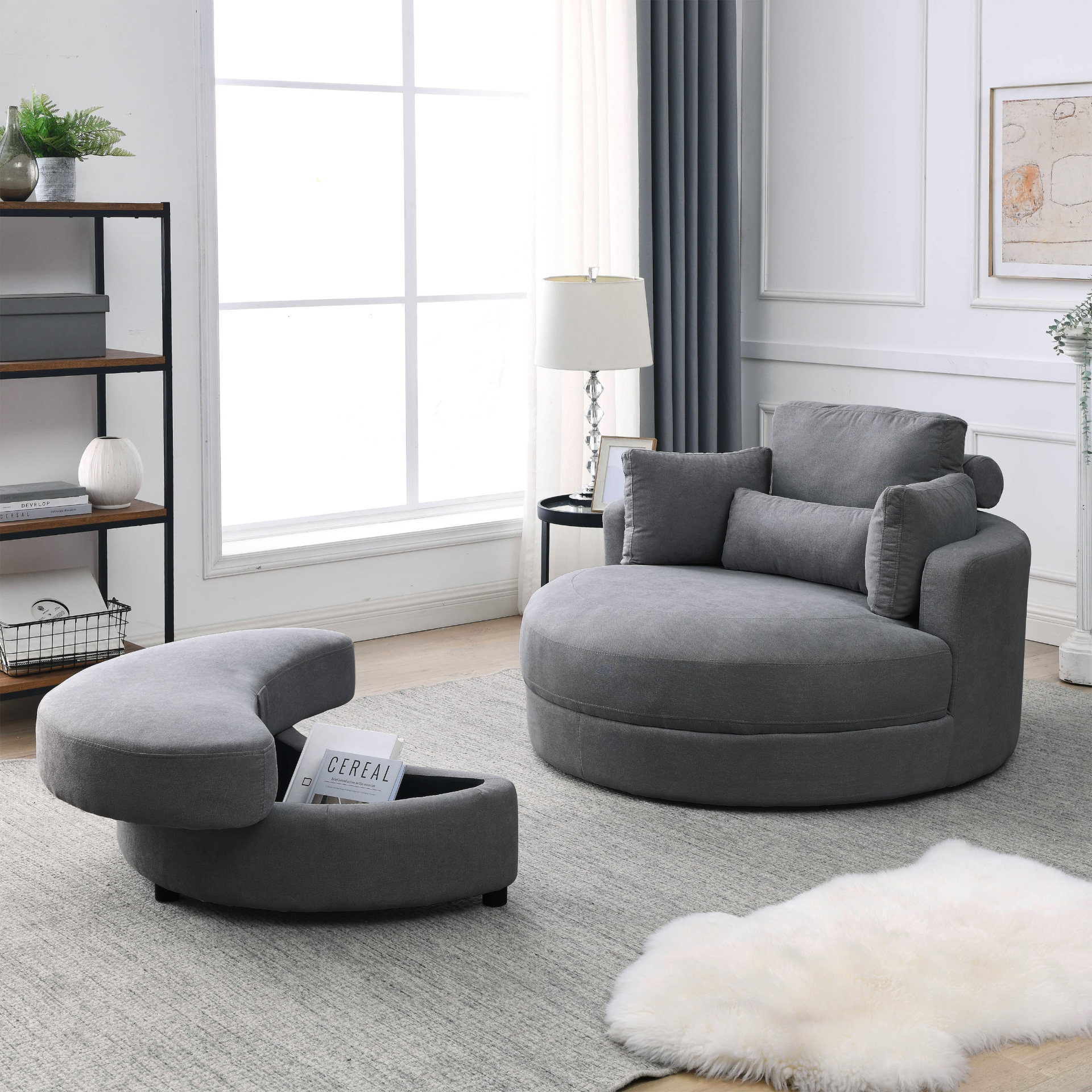 Spin & Stow Grey Linen Barrel Swivel Chair with Storage Ottoman (Set of 2)