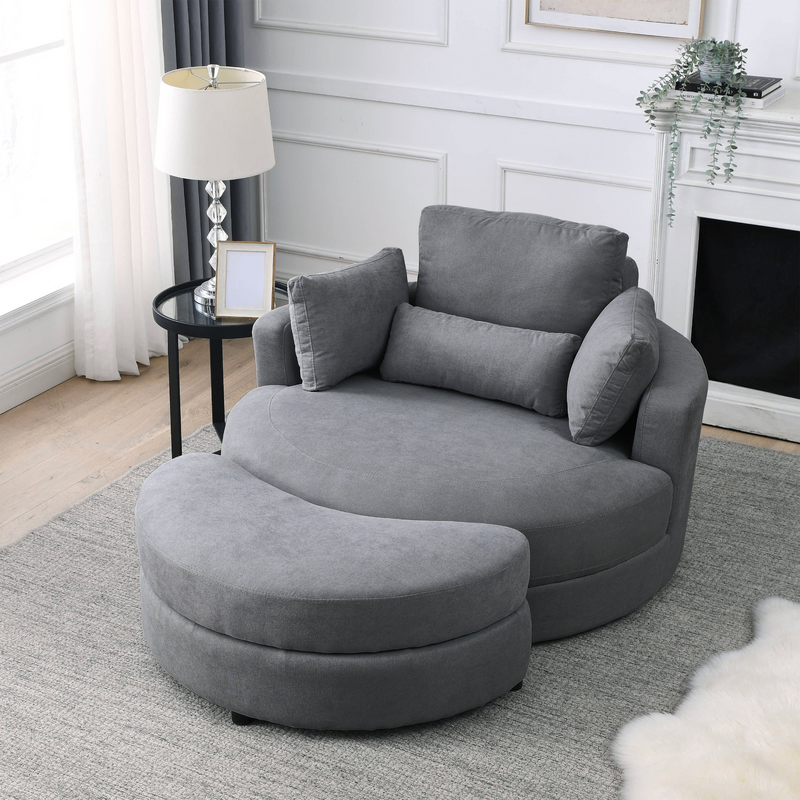 Spin & Stow Grey Linen Barrel Swivel Chair with Storage Ottoman (Set of 2)