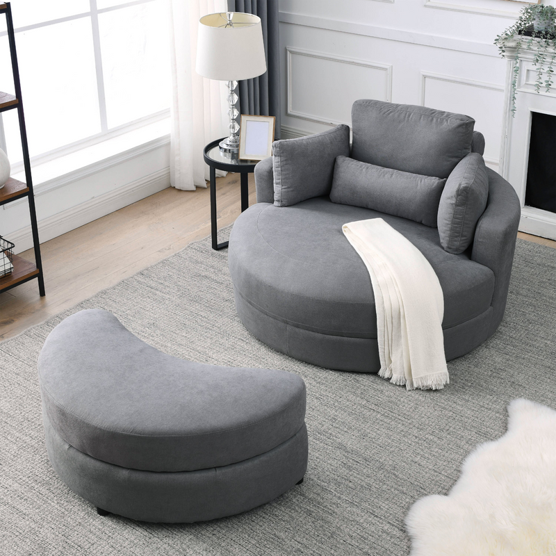 Spin & Stow Grey Linen Barrel Swivel Chair with Storage Ottoman (Set of 2)