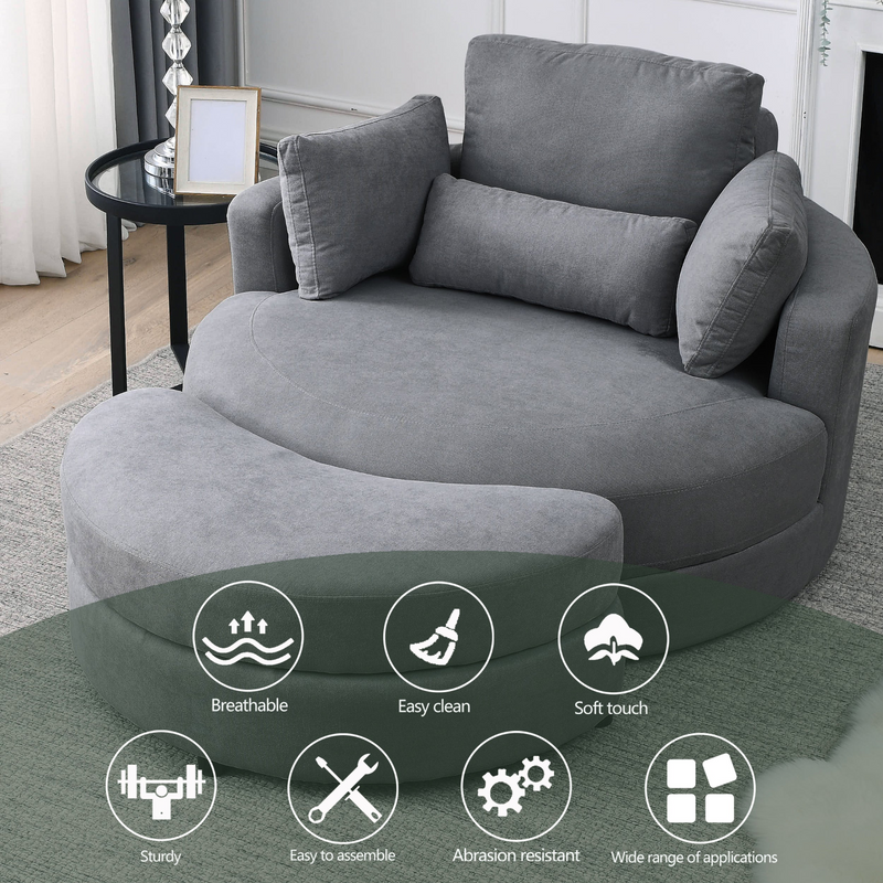 Spin & Stow Grey Linen Barrel Swivel Chair with Storage Ottoman (Set of 2)