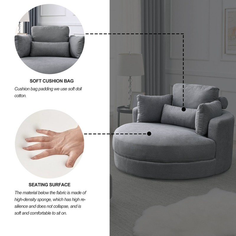Spin & Stow Grey Linen Barrel Swivel Chair with Storage Ottoman (Set of 2)