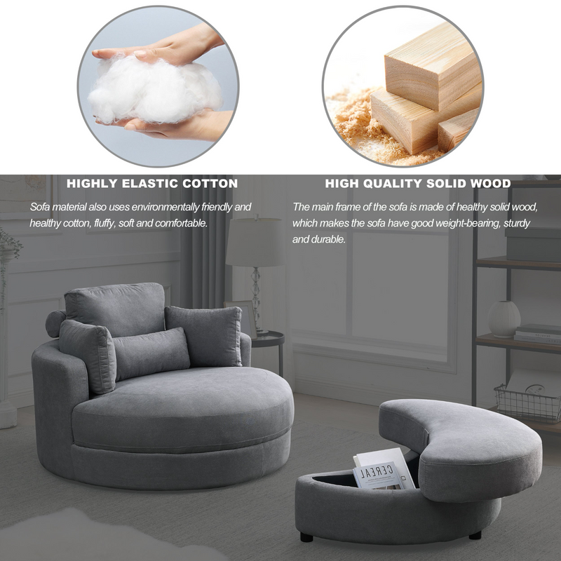 Spin & Stow Grey Linen Barrel Swivel Chair with Storage Ottoman (Set of 2)