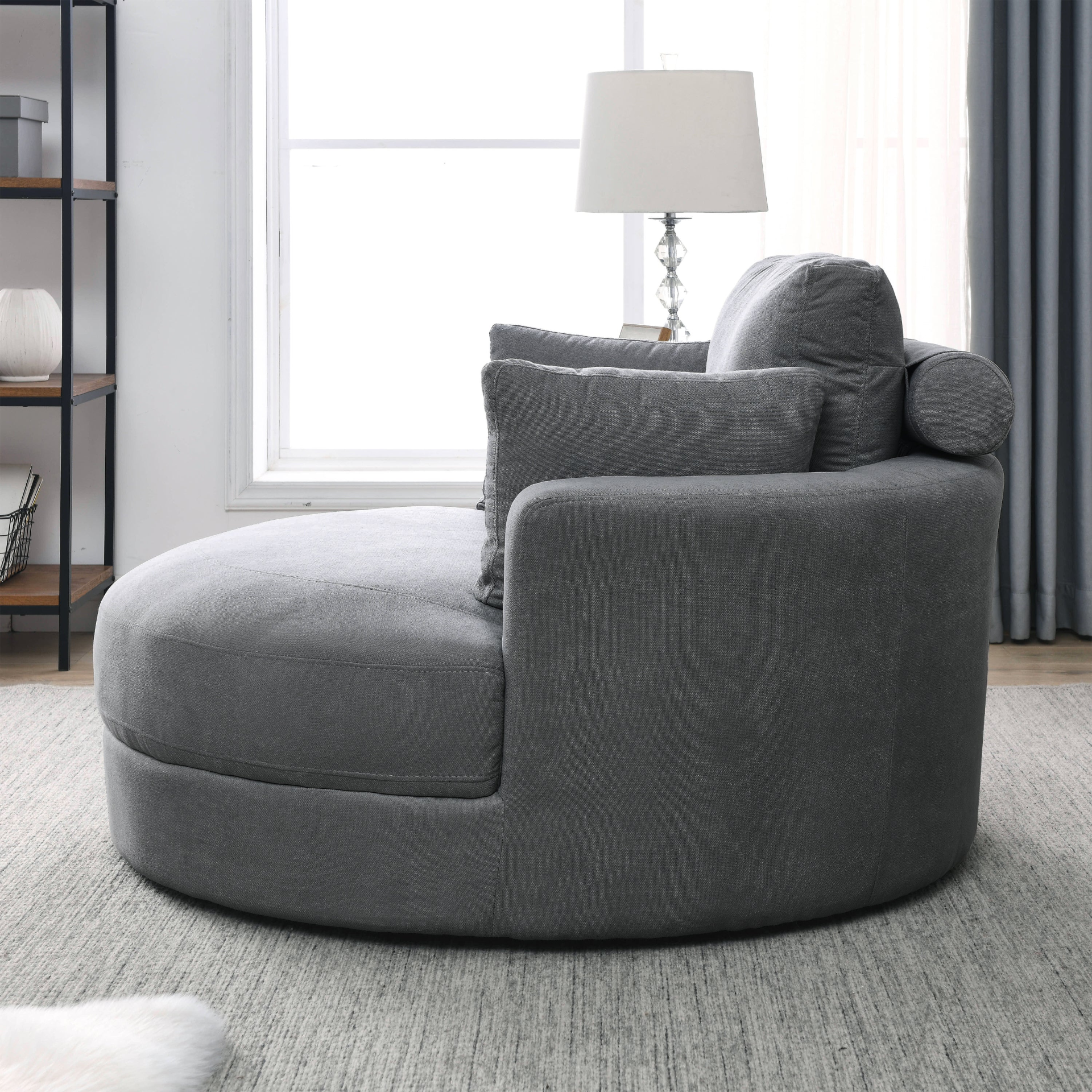 Spin & Stow Grey Linen Barrel Swivel Chair with Storage Ottoman (Set of 2)